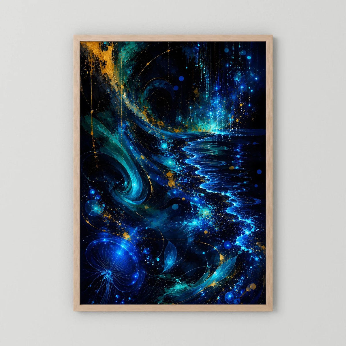 Hochformat-Poster mit abstrakten blauen Wellen und goldenen Akzenten, Eichenrahmen.