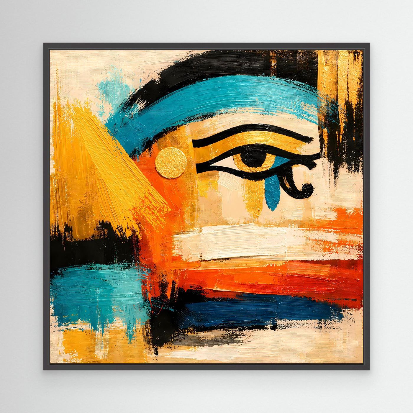 Black-framed abstract Eye canvas with teal, orange, blue, gold paint strokes and black lines