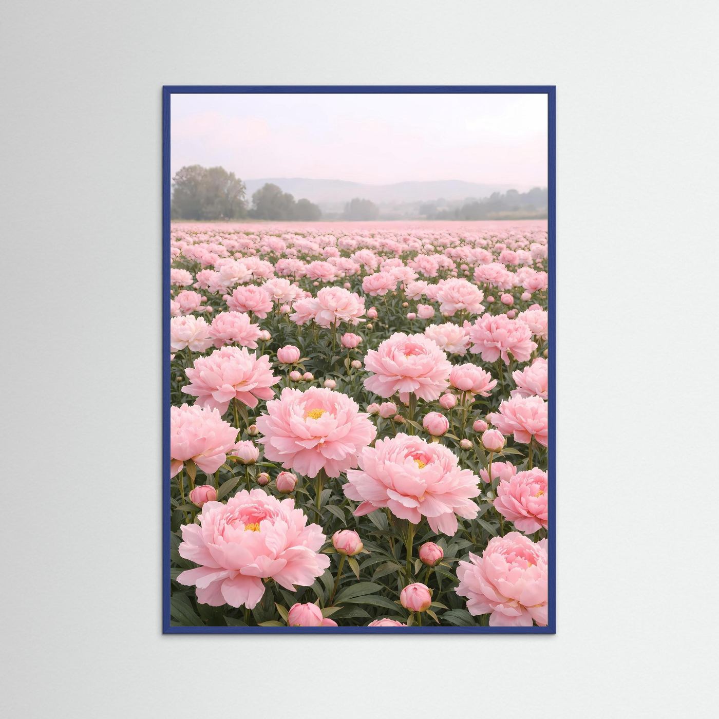 Poster Pfingstrosenfeld im Morgendunst | Rosa Blumenwiese Wandbild