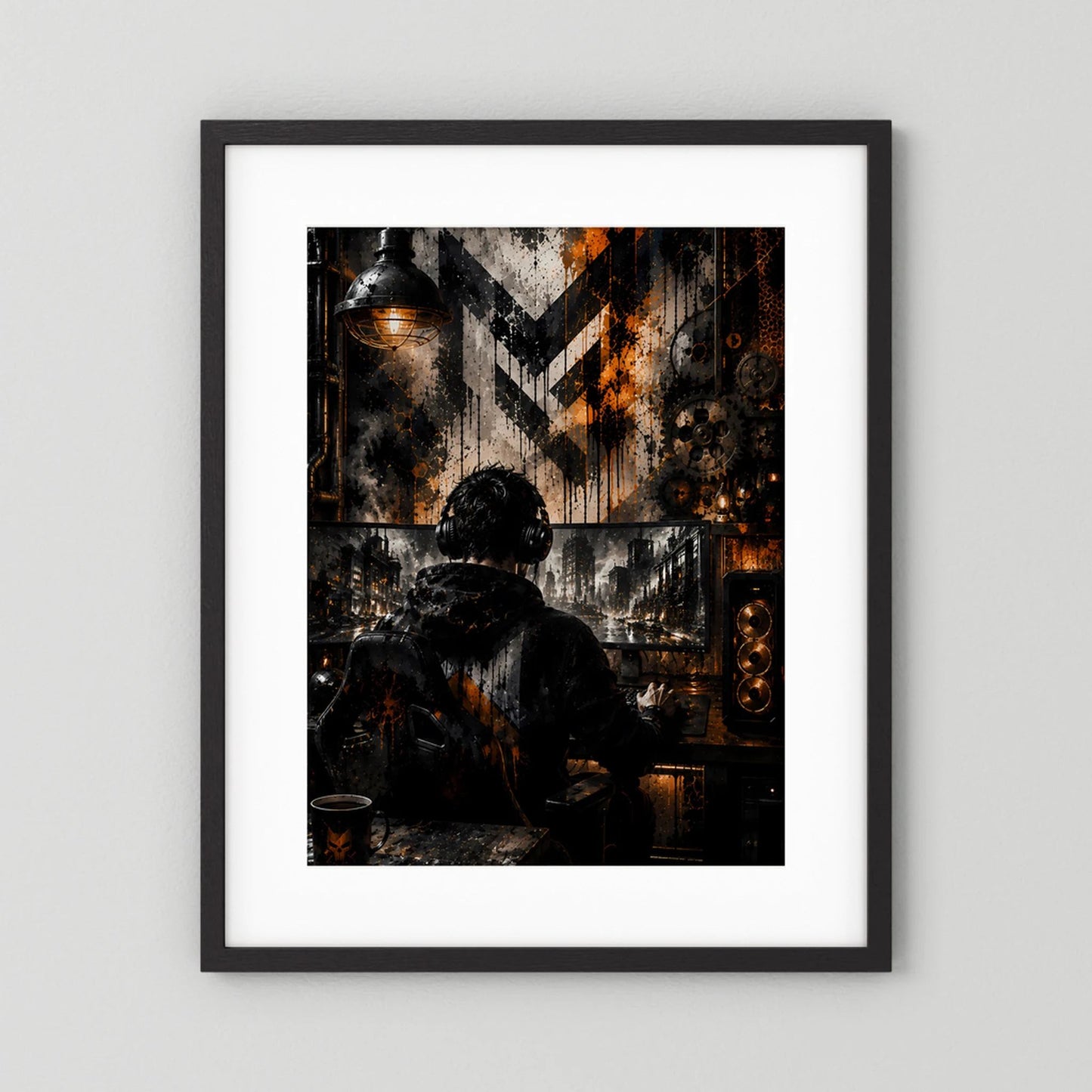 Gamer am PC in Schwarz & Orange | Industrial Gaming Art | Poster Hochformat