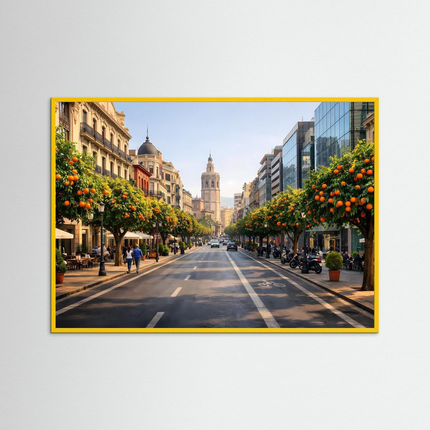 Wandbild-Poster: Stadtstraße mit Orangenbäumen und historischen Gebäuden, gelber Rahmen