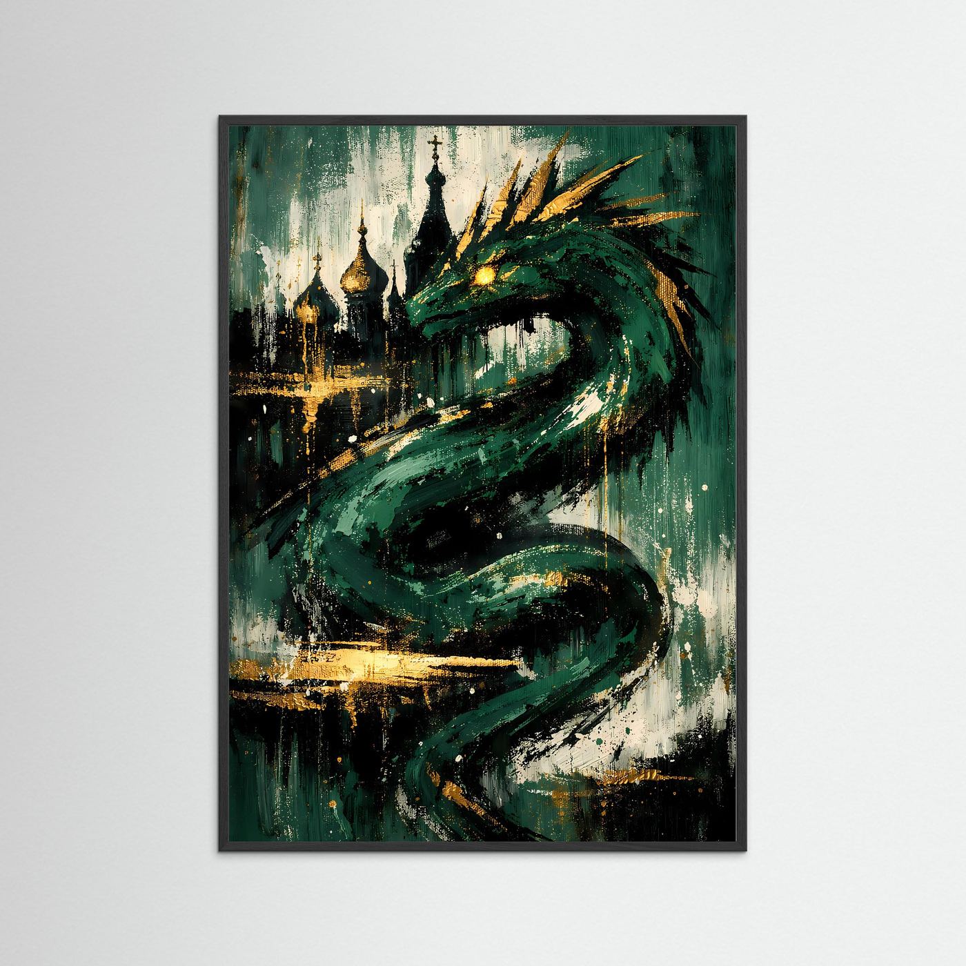 Drachenposter „Der grüne Wächter“ im schwarzen Holzrahmen: grüner Drache, goldene Akzente