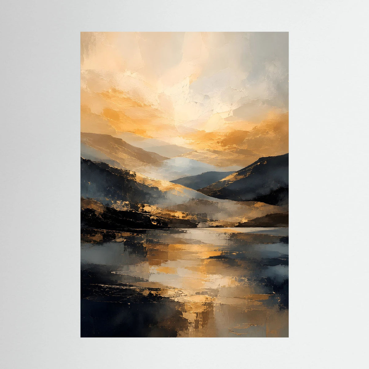 Kunstposter (Hochformat) mit abstrakter Berglandschaft in Gold, Schwarz und Creme, ungerahmt.
