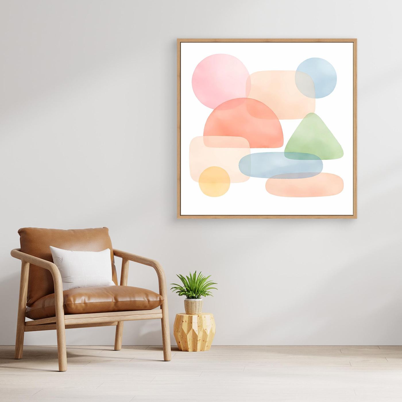 Gerahmtes Leinwandbild mit abstrakten Pastellformen im Quadrat, goldener Holzrahmen