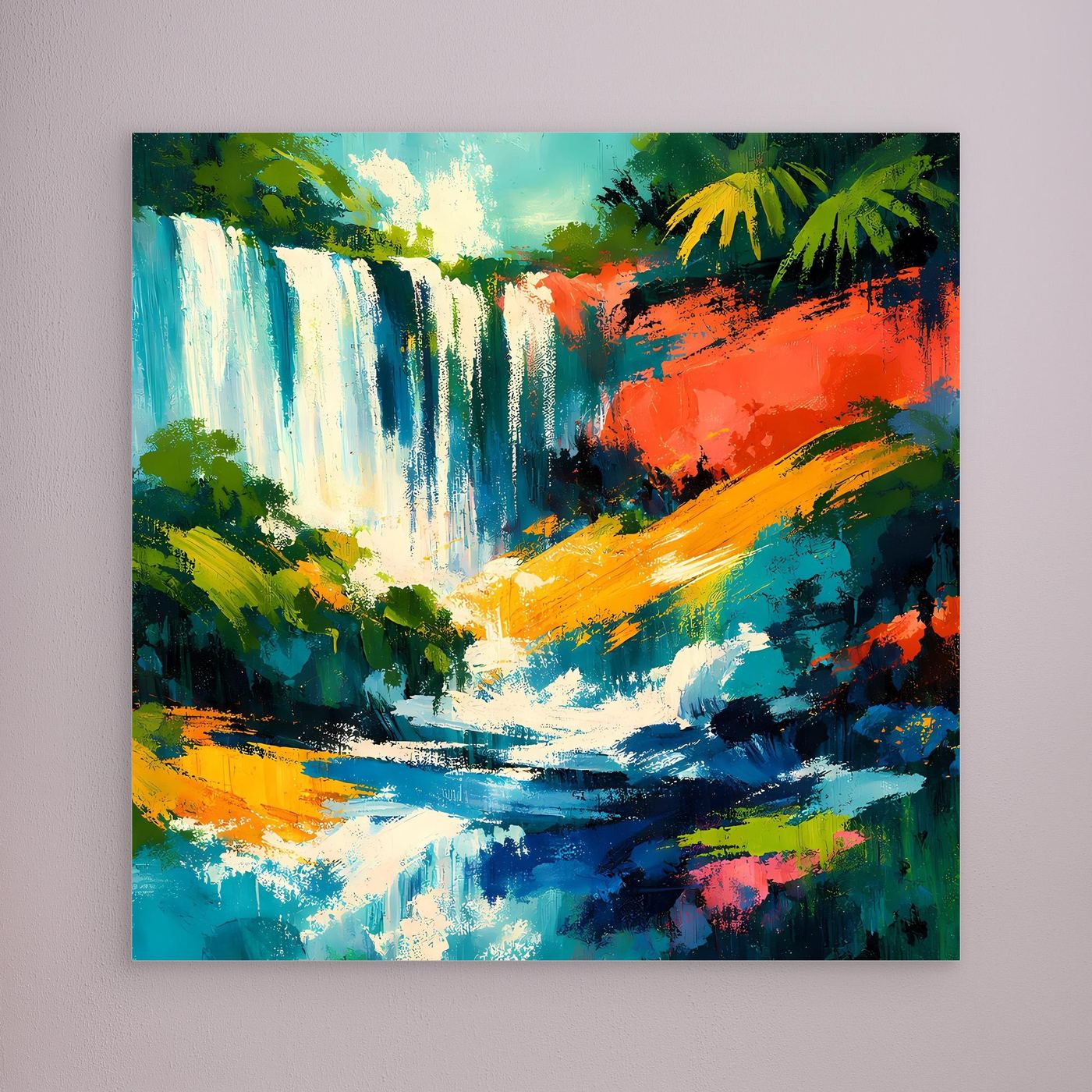 Quadratisches Leinwand-Wandbild mit abstraktem Wasserfall in Tropenfarben, ohne Rahmen