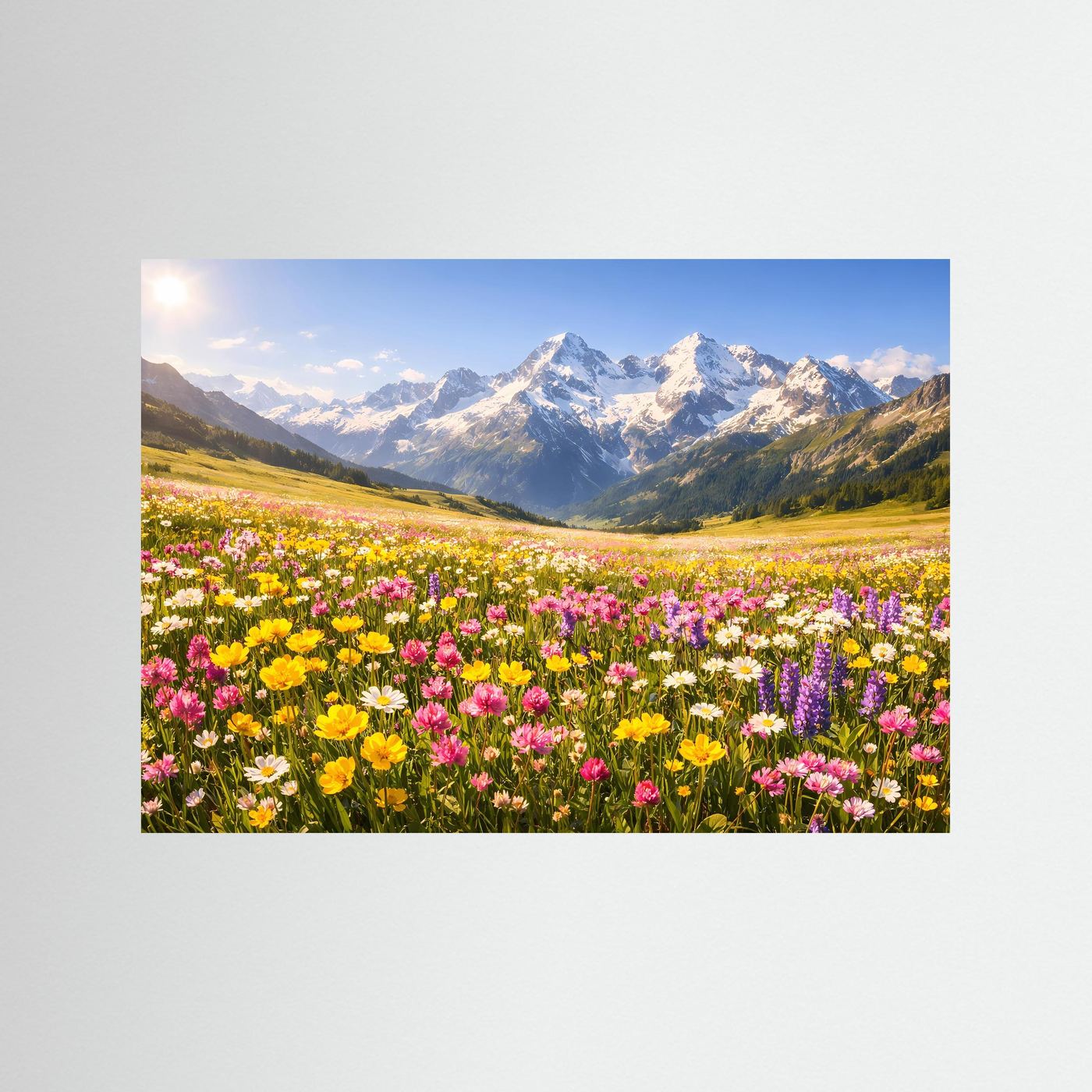 Wandbild mit blauem Rahmen: blühende Alpenwiese und schneebedeckte Berge.