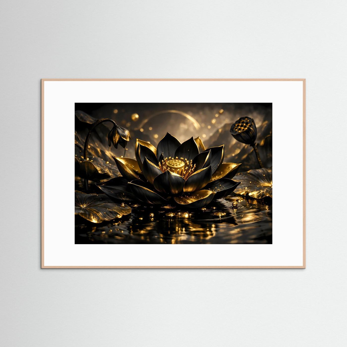 Wandbild mit Lotusblüte in Schwarz und Gold, hellbraun gerahmt mit weißem Passepartout