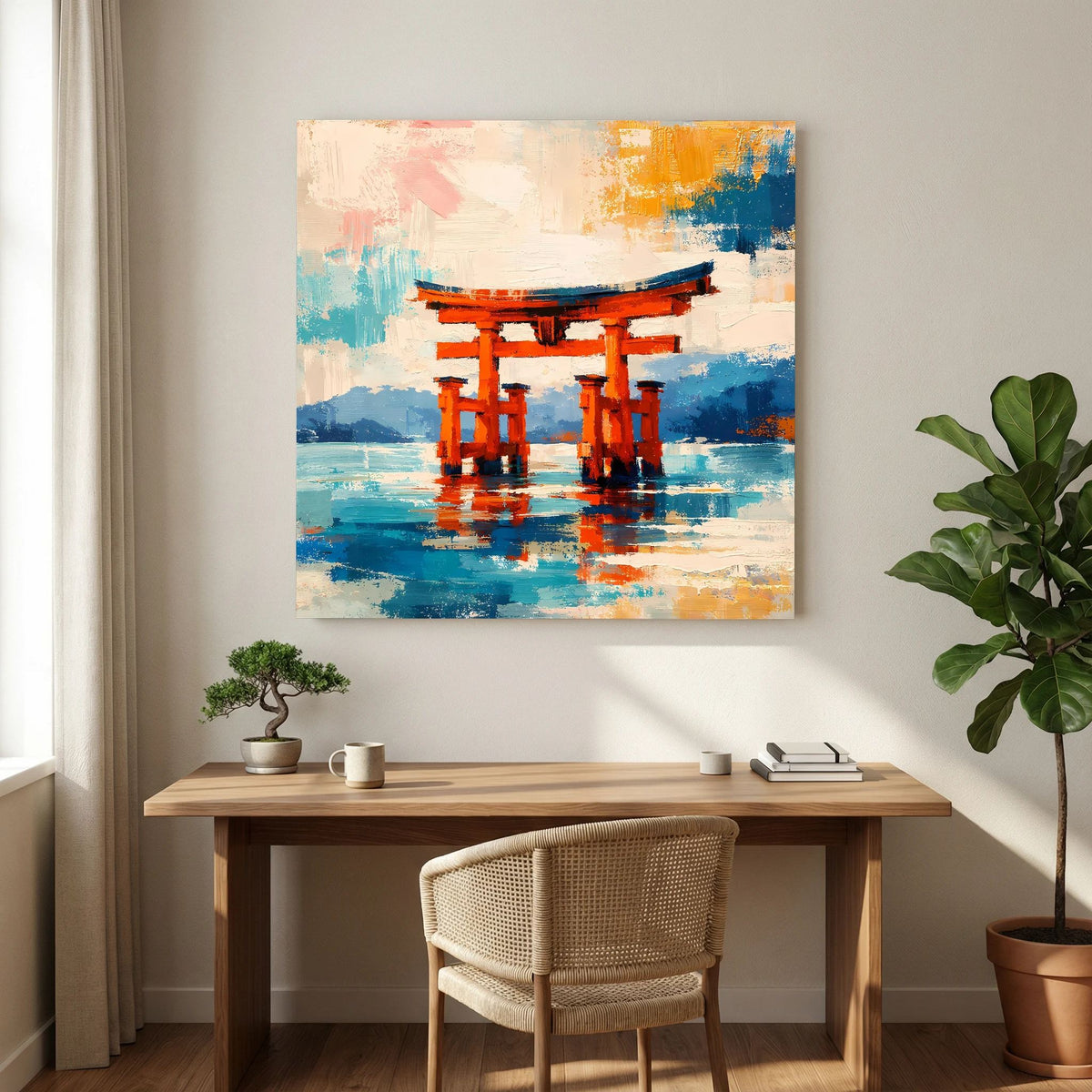 Leinwandbild auf Holzkeilrahmen mit Torii-Toren in Orange, blau-weiße Reflexionen, abstrakt