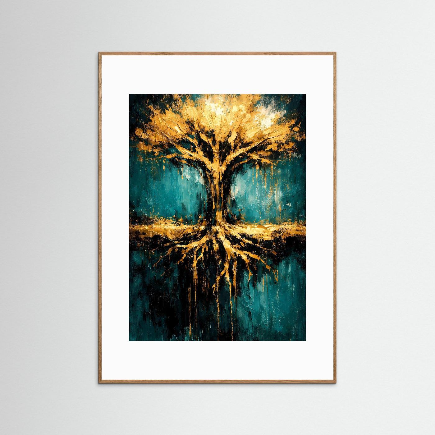 Kunstposter mit Lebensbaum-Motiv in Smaragdgrün und Gold, hellem Holzrahmen, weißem Rand
