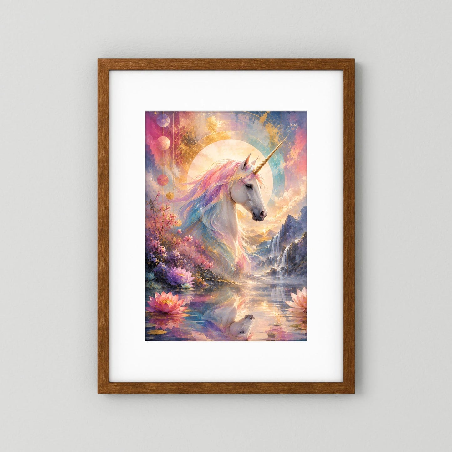 Gerahmtes Fantasy-Einhorn-Poster mit Mondkreis und Lotusblüten, dunkler Holzrahmen, mit weißem Passepartout
