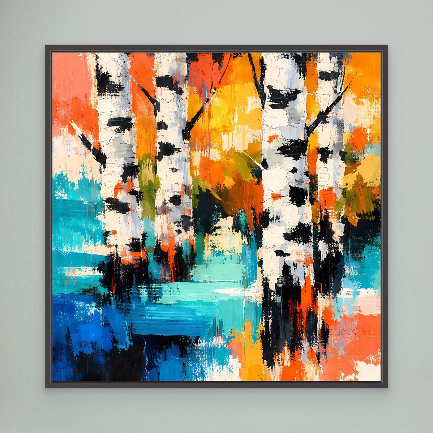 Abstract birch forest canvas wall art, colorful vertical strokes, black frame
