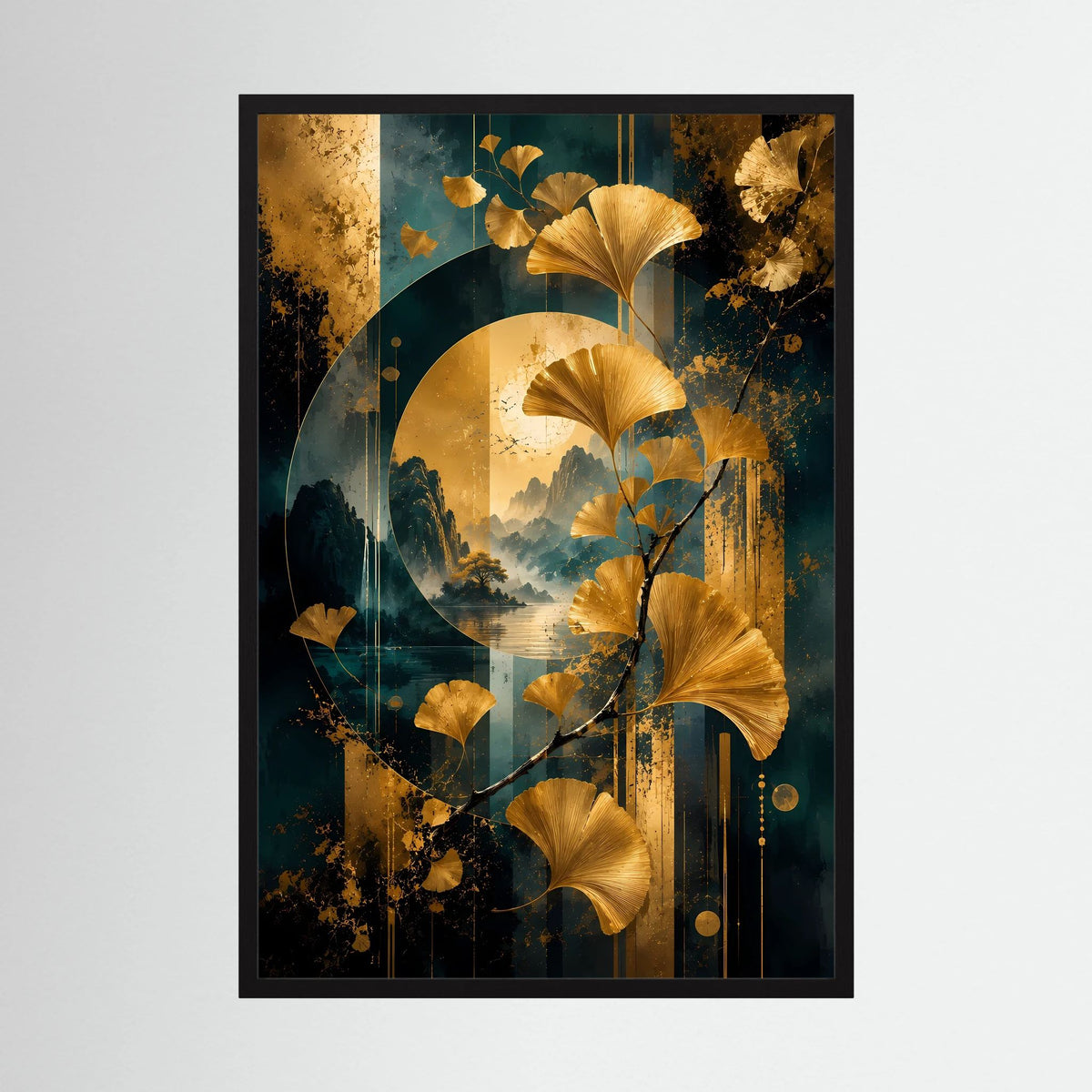 Ginkgo-Poster im Hochformat mit schwarzem Rahmen, goldenen Blättern vor Petrol-Motiv