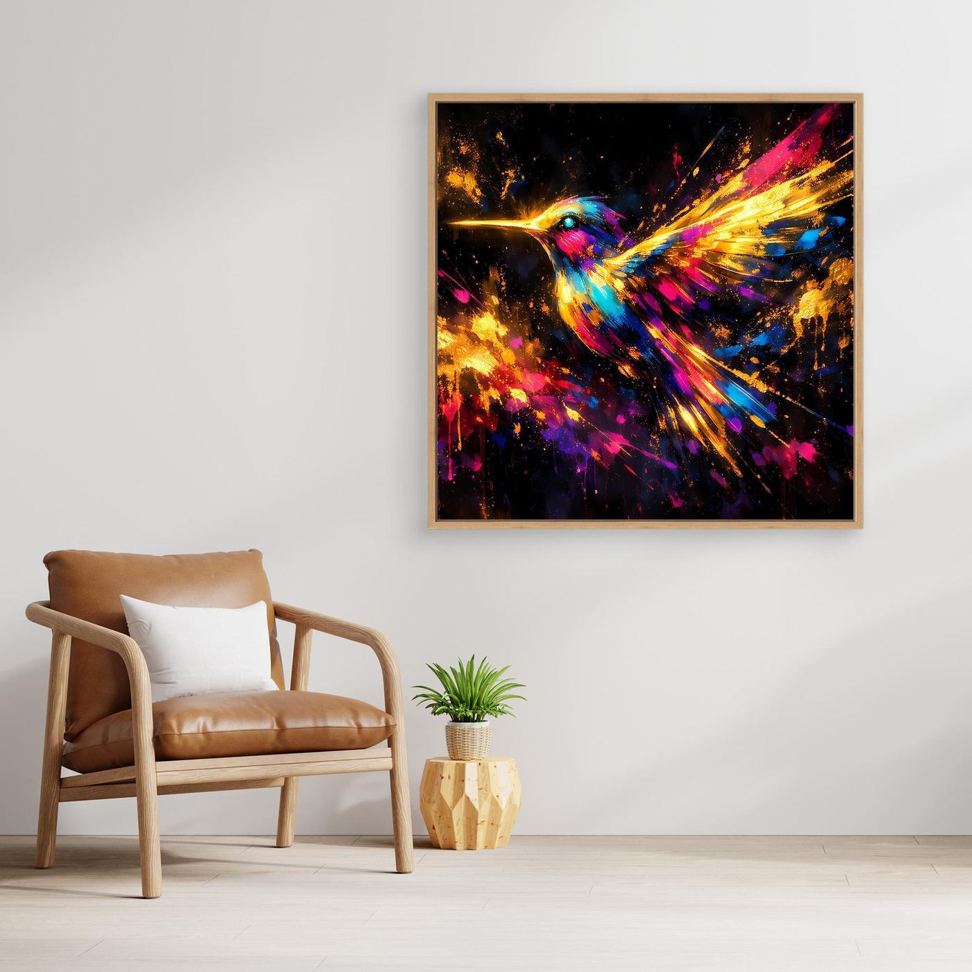 Leinwand Farbenfroher Kolibri im Flug | Abstraktes Modernes Wandbild Bunt