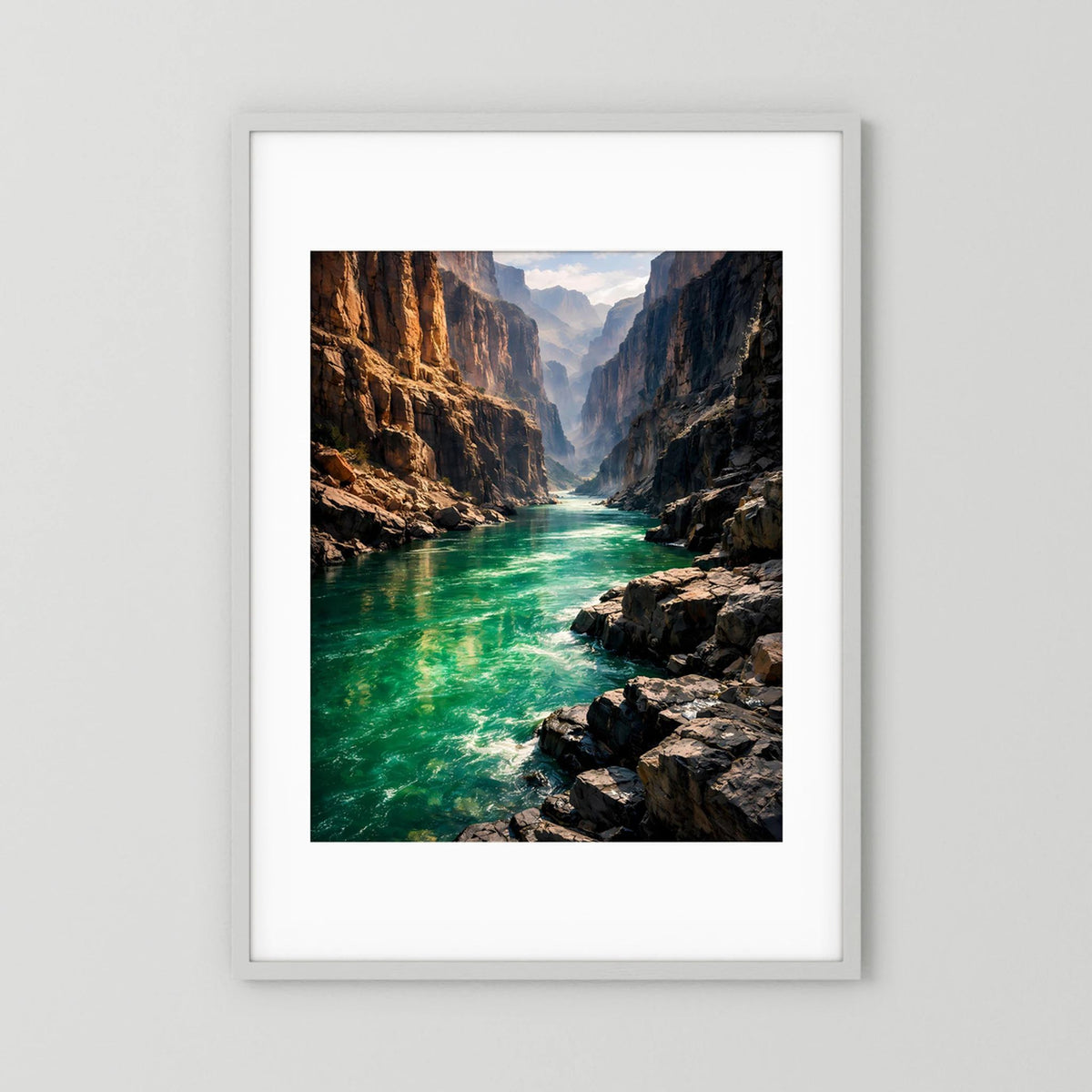 Wandbild Hochformat mit Canyon-Fluss-Landschaft im weißen Rahmen