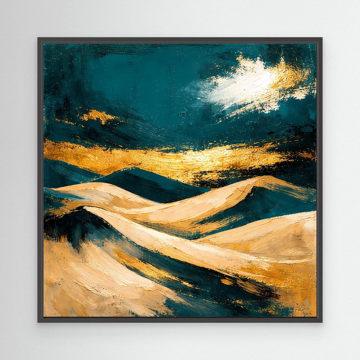 Gerahmtes Leinwand-Wandbild mit Dünen in Petrol, Beige und Gold, schwarzer Rahmen