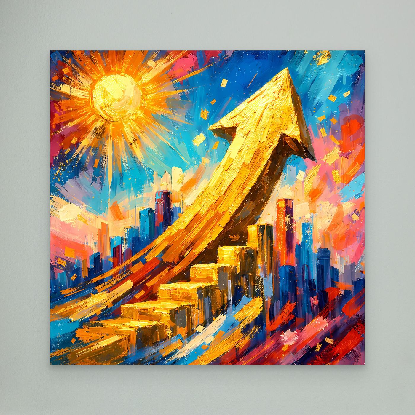 Leinwandbild mit abstrakter Skyline, goldenem Pfeil und leuchtendem Sonnenstrahlen-Motiv