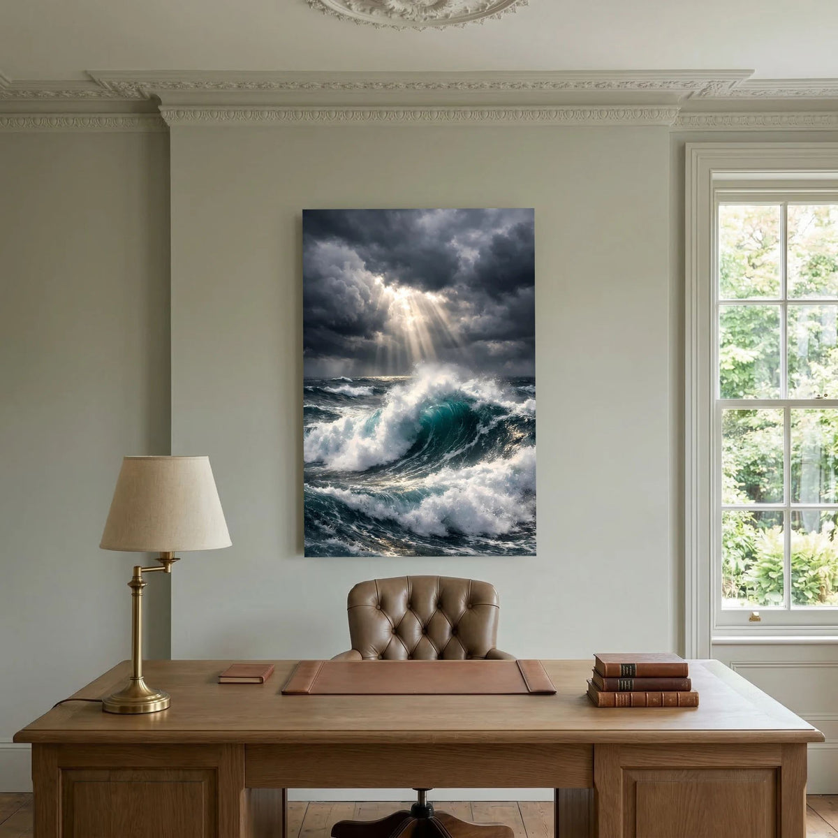Wandbild mit gewaltiger Sturmwelle, Gischt und Lichtkegel über dem Meer bei Gewitter