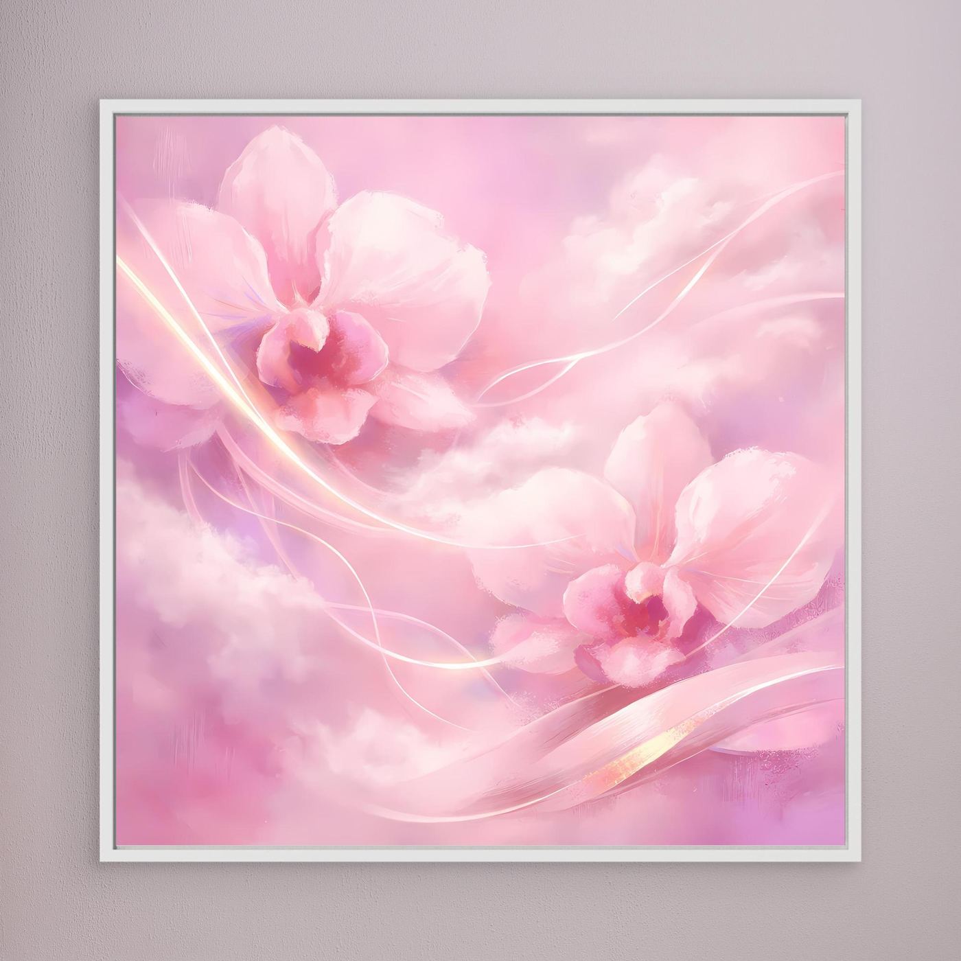 Leinwandbild mit abstrakten rosa Orchideen und goldenen Linien, weiß gerahmt