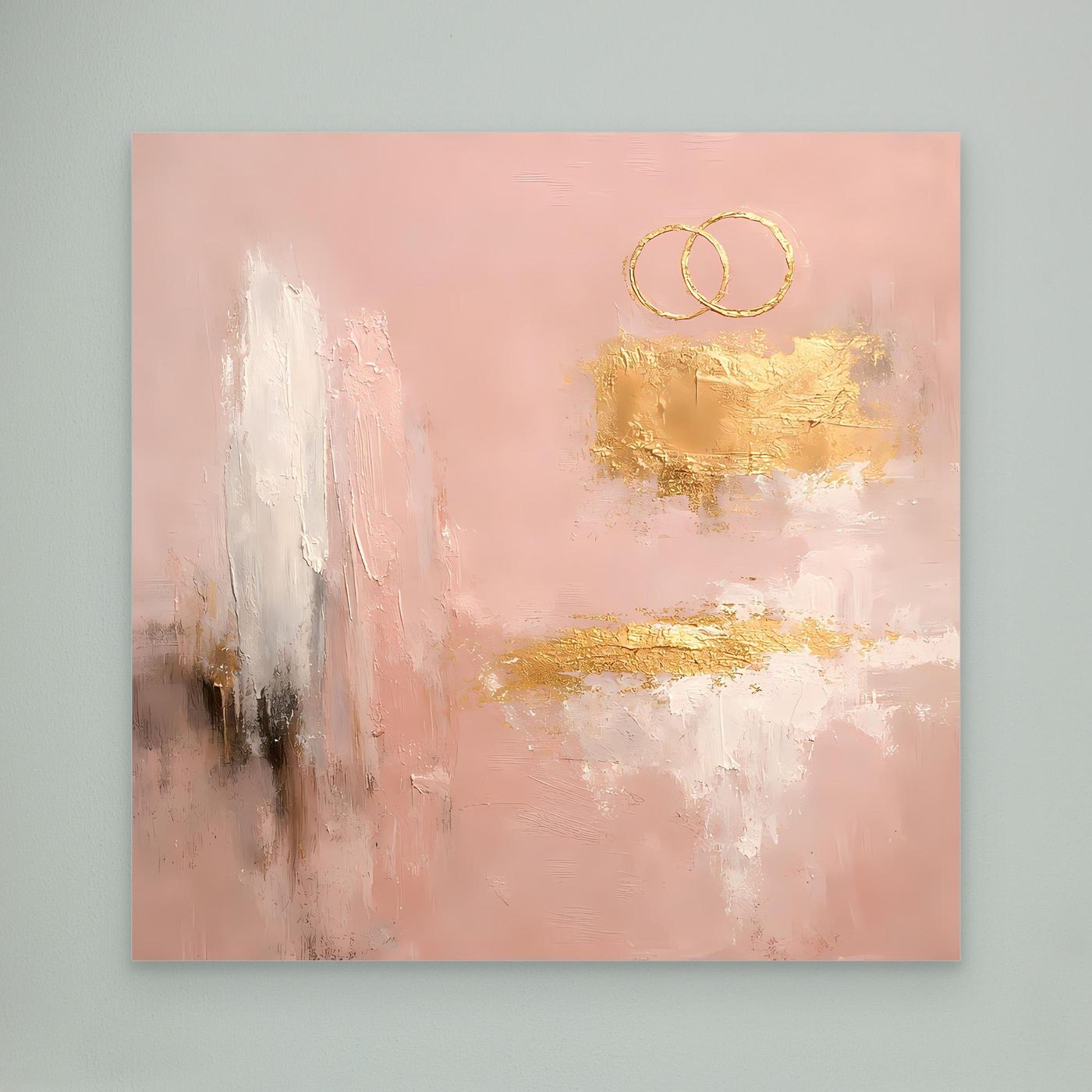 Leinwand Abstraktes Hochzeitsgemälde in Altrosa und Gold | Modernes Wandbild Eheringe
