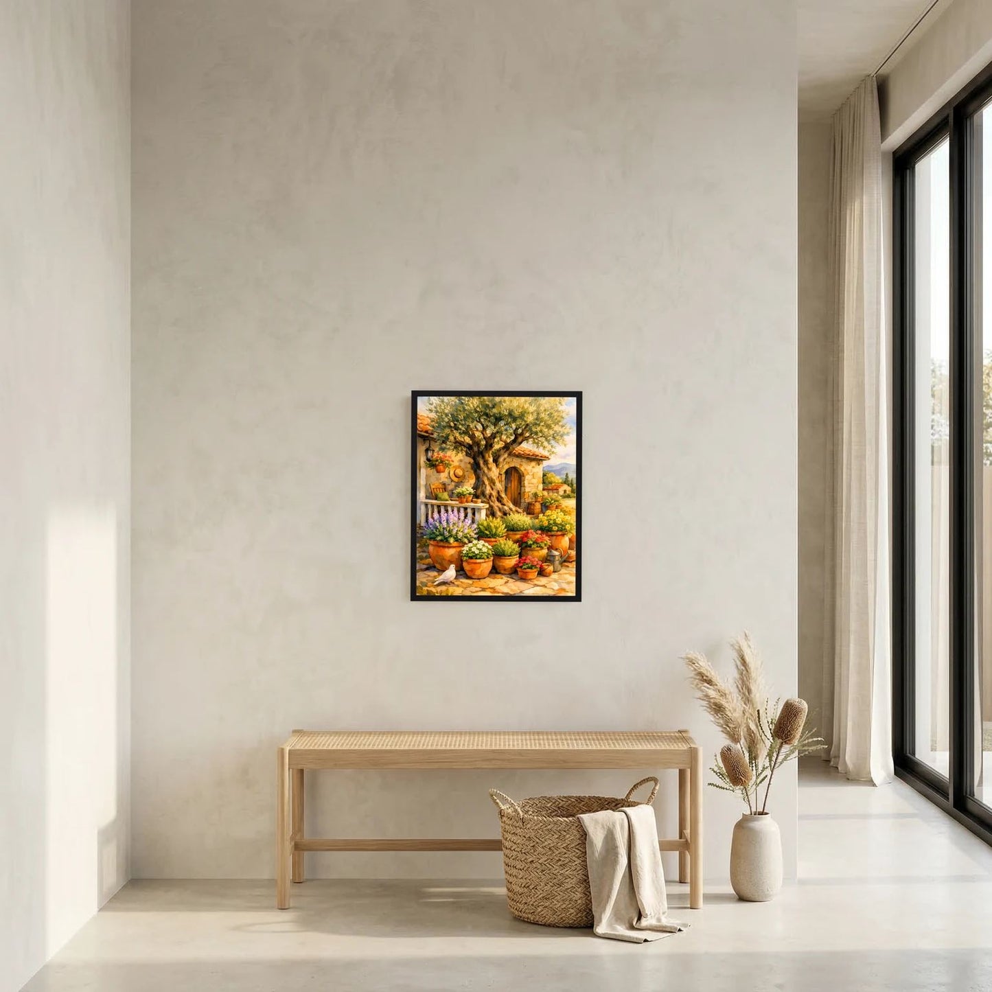 Wandbild im Hochformat mit Olivenbaum-Motiv und Blumentöpfen, klein im Rahmen