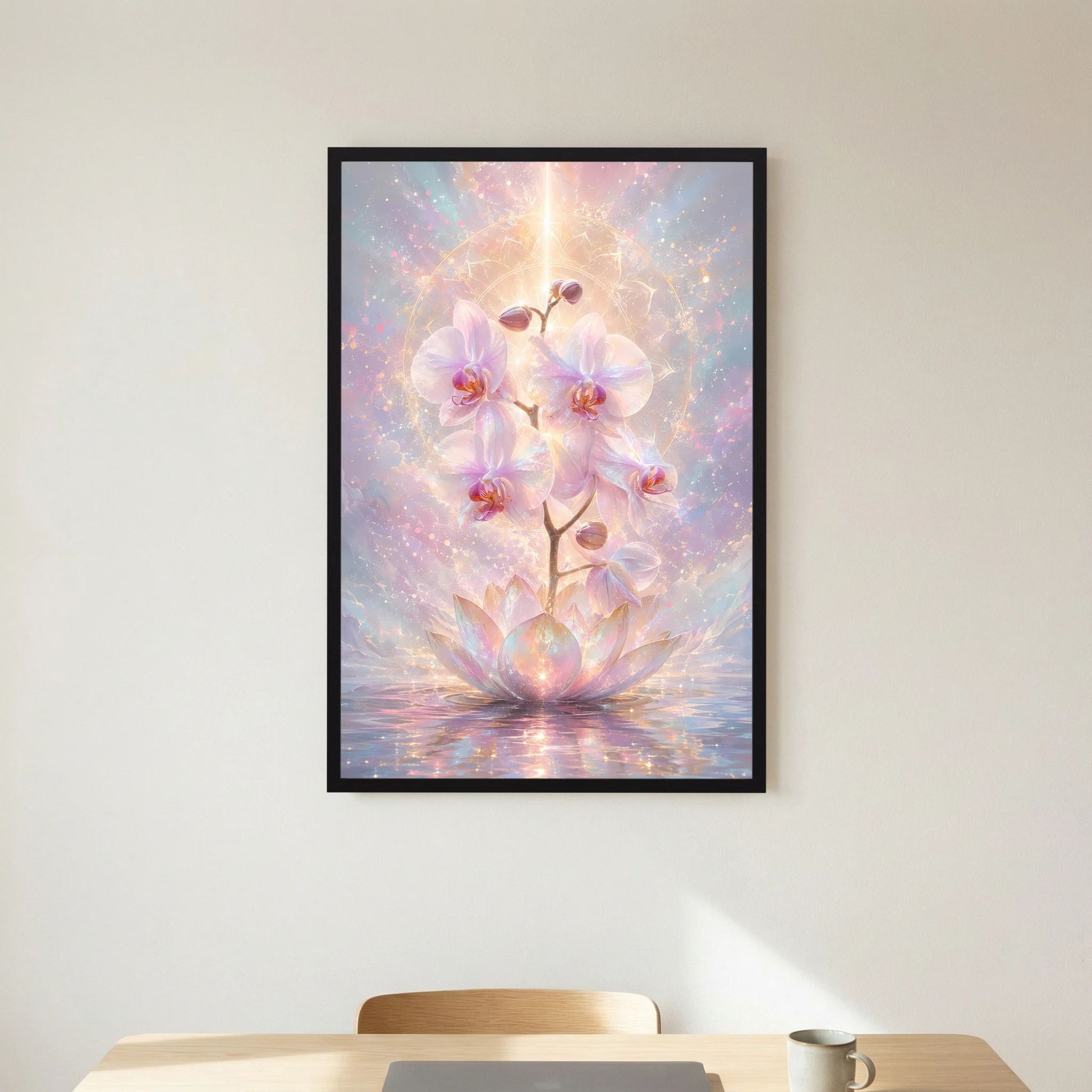 Hochformat-Poster mit Orchideen- und Lotusblüten in Pastell, Gold-Glanz, schwarzer Rahmen