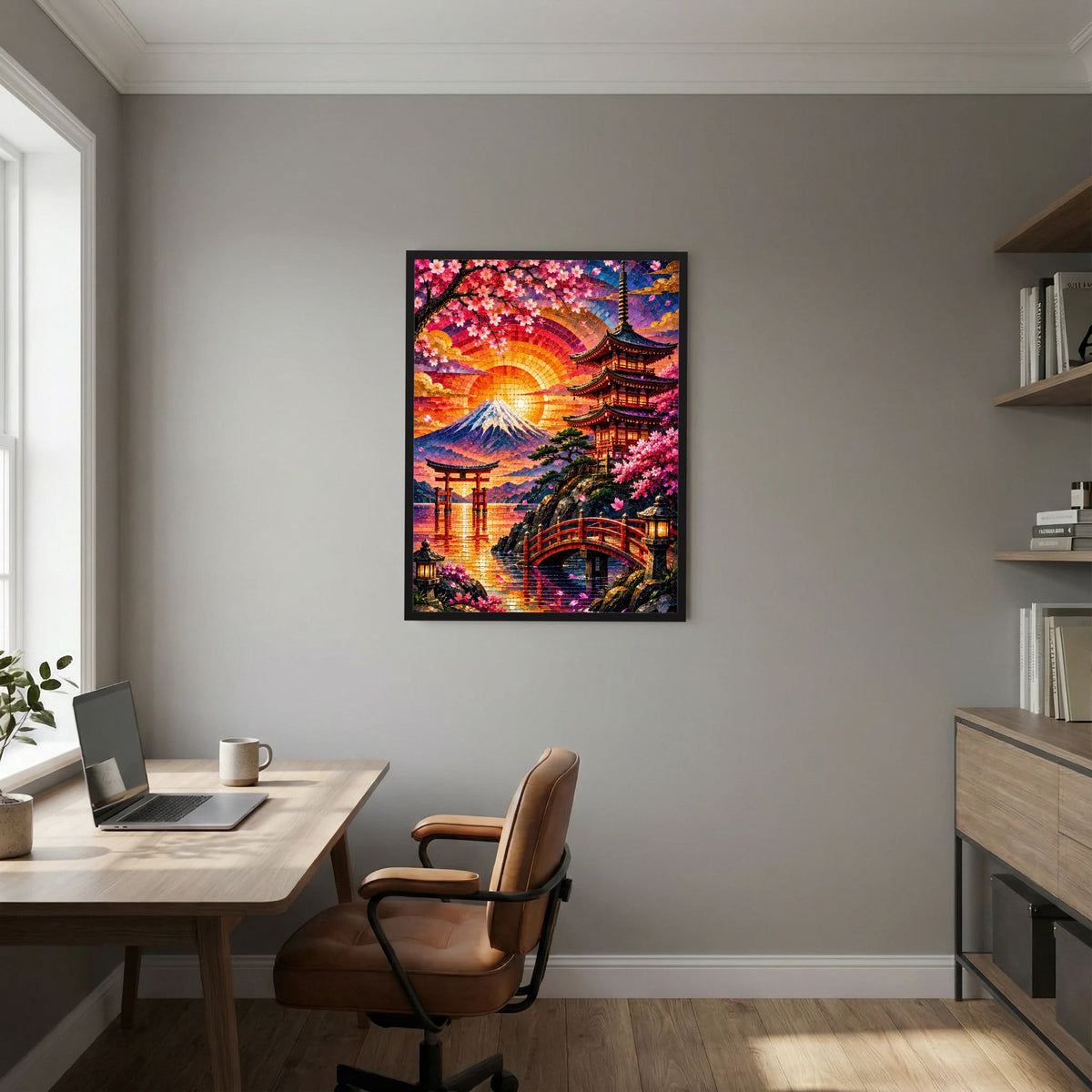 Gerahmtes Poster mit buntem Mosaik: Fuji-Landschaft, Kirschblütenbogen und Pagode bei Abendsonne