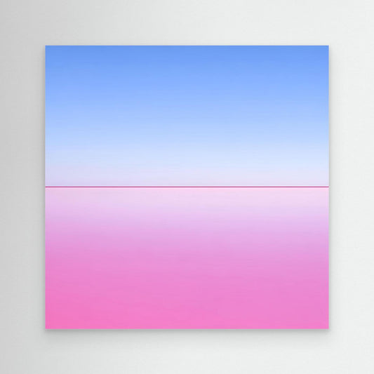 Leinwandbild mit abstraktem Horizont, Blau- und Rosatöne, ohne sichtbaren Rahmen