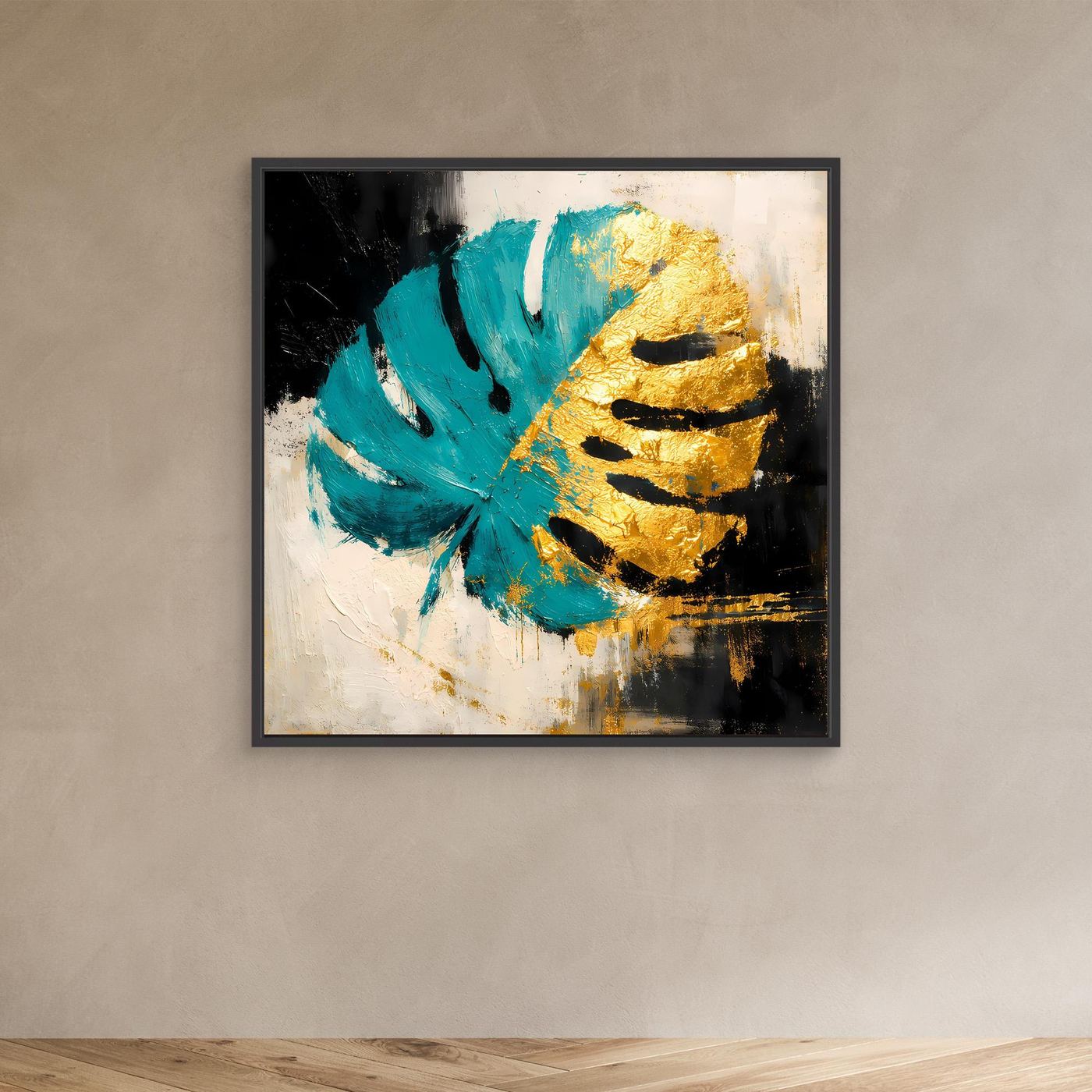 Leinwand Abstraktes Monstera Gemälde in Türkis und Gold | Modernes Botanik Wandbild