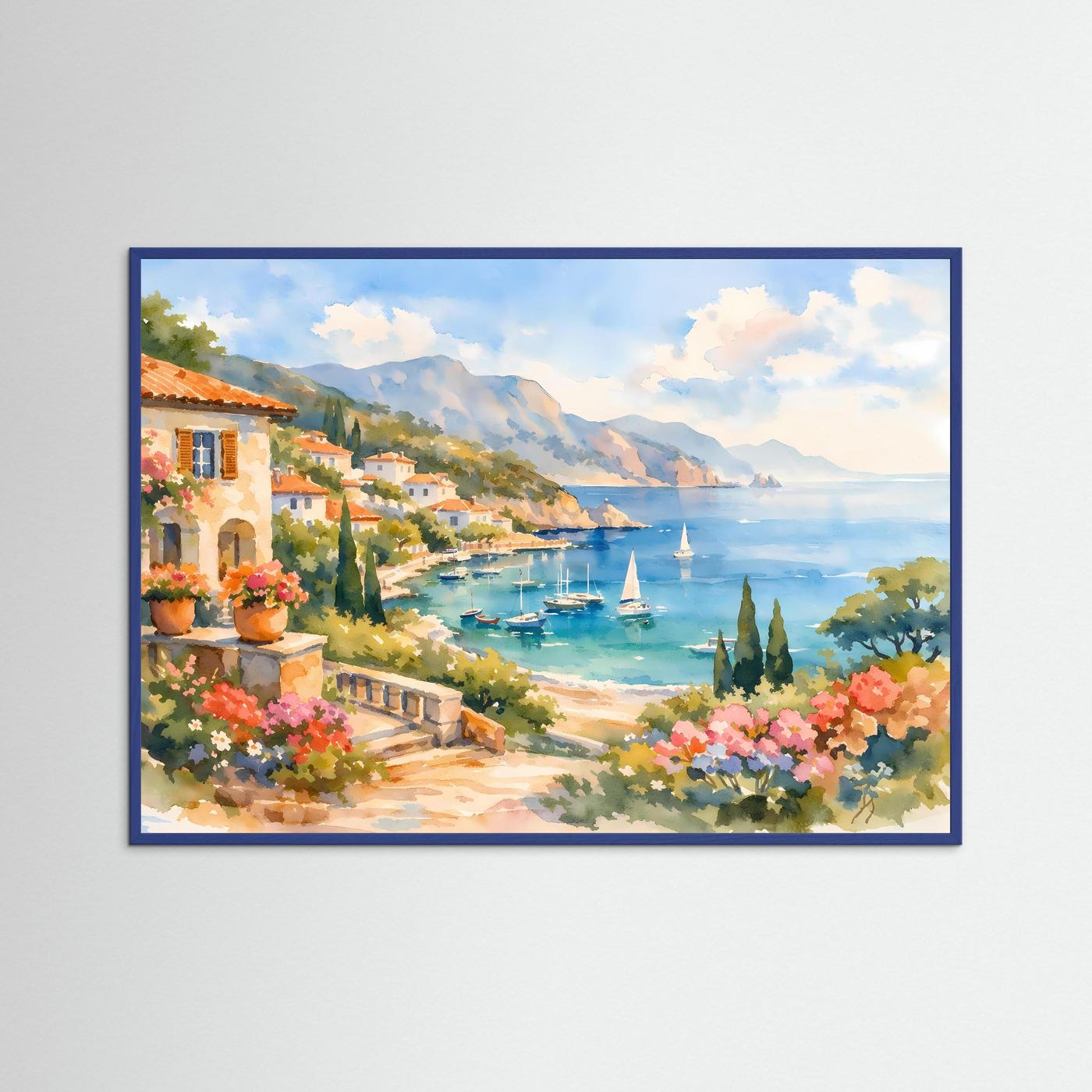 Mittelmeer Küstendorf im Aquarell-Stil | Mediterranes Panorama Poster Querformat