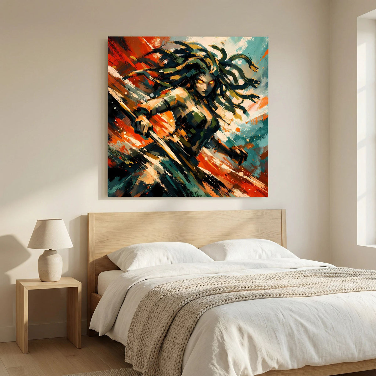 Leinwand-Wandbild mit Medusa, dynamische Farbkomposition aus Orange, Grün und dunklen Akzenten