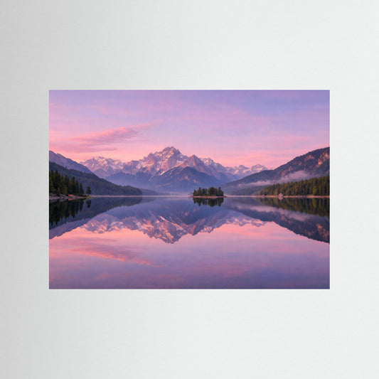 Naturposter im Querformat mit Alpenpanorama und Spiegelung im See bei Dämmerung