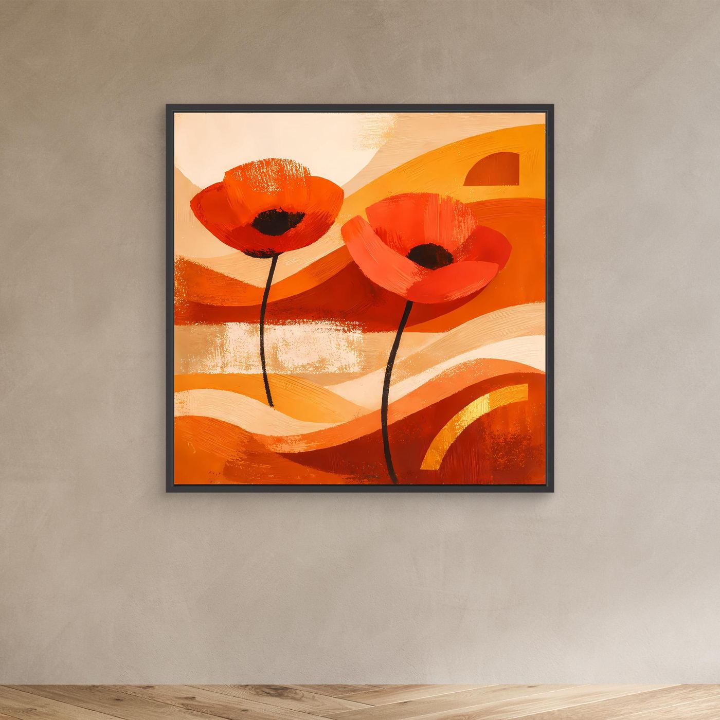 Abstraktes Leinwandbild mit orangefarbenen Mohnblüten im schwarzen Rahmen