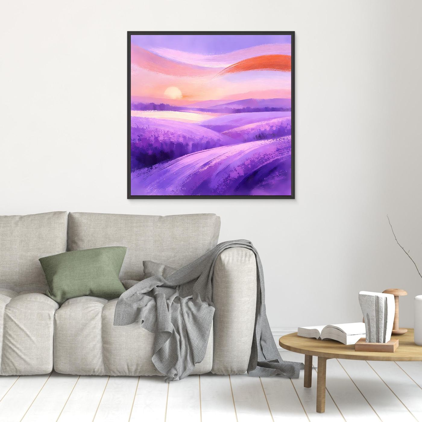 Kleines Leinwandbild mit abstraktem Lavendelfeld und orangefarbenem Himmel, schwarz gerahmt