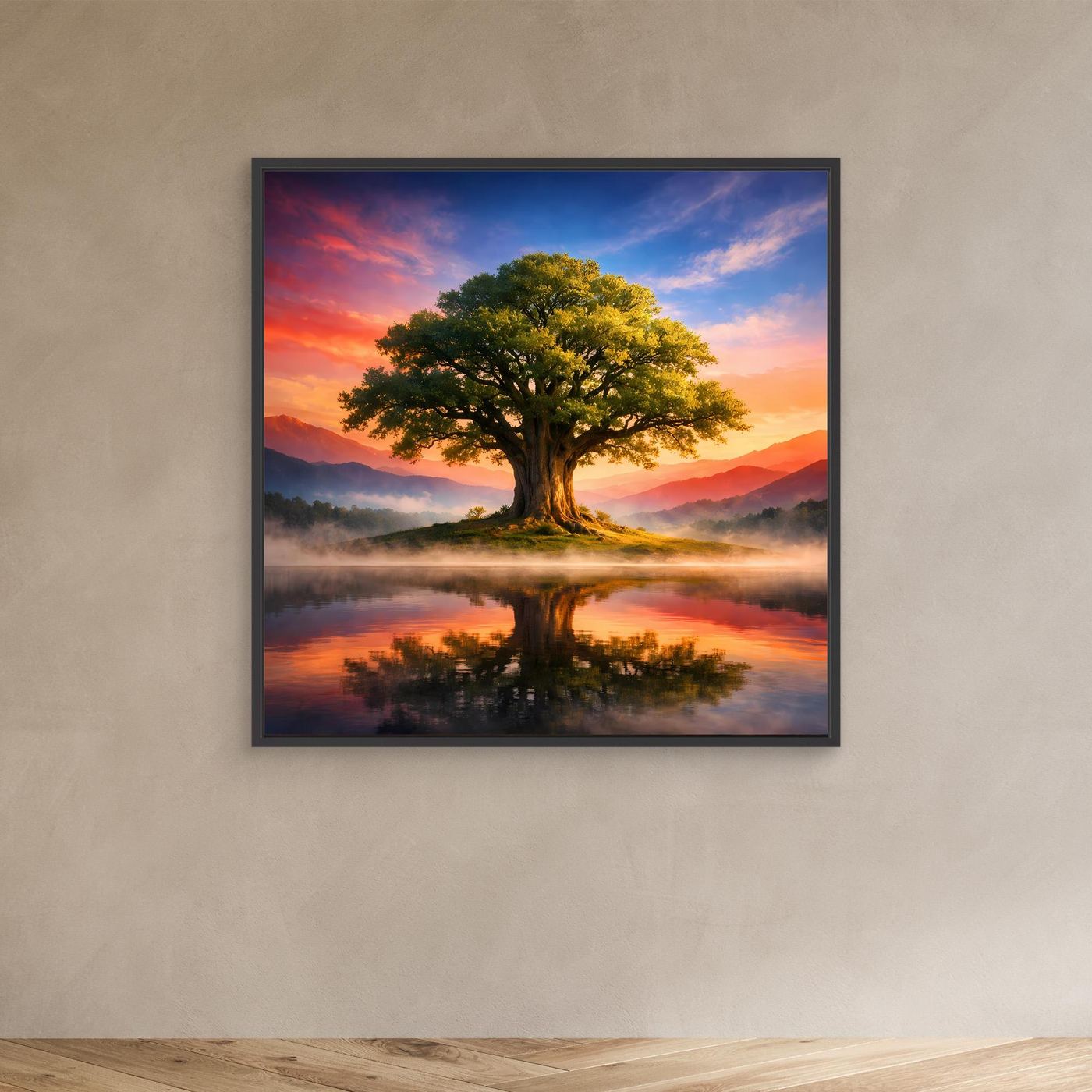 Leinwandbild mit Baum, schwarzer Rahmen, Sonnenaufgang und Spiegelung im Wasser