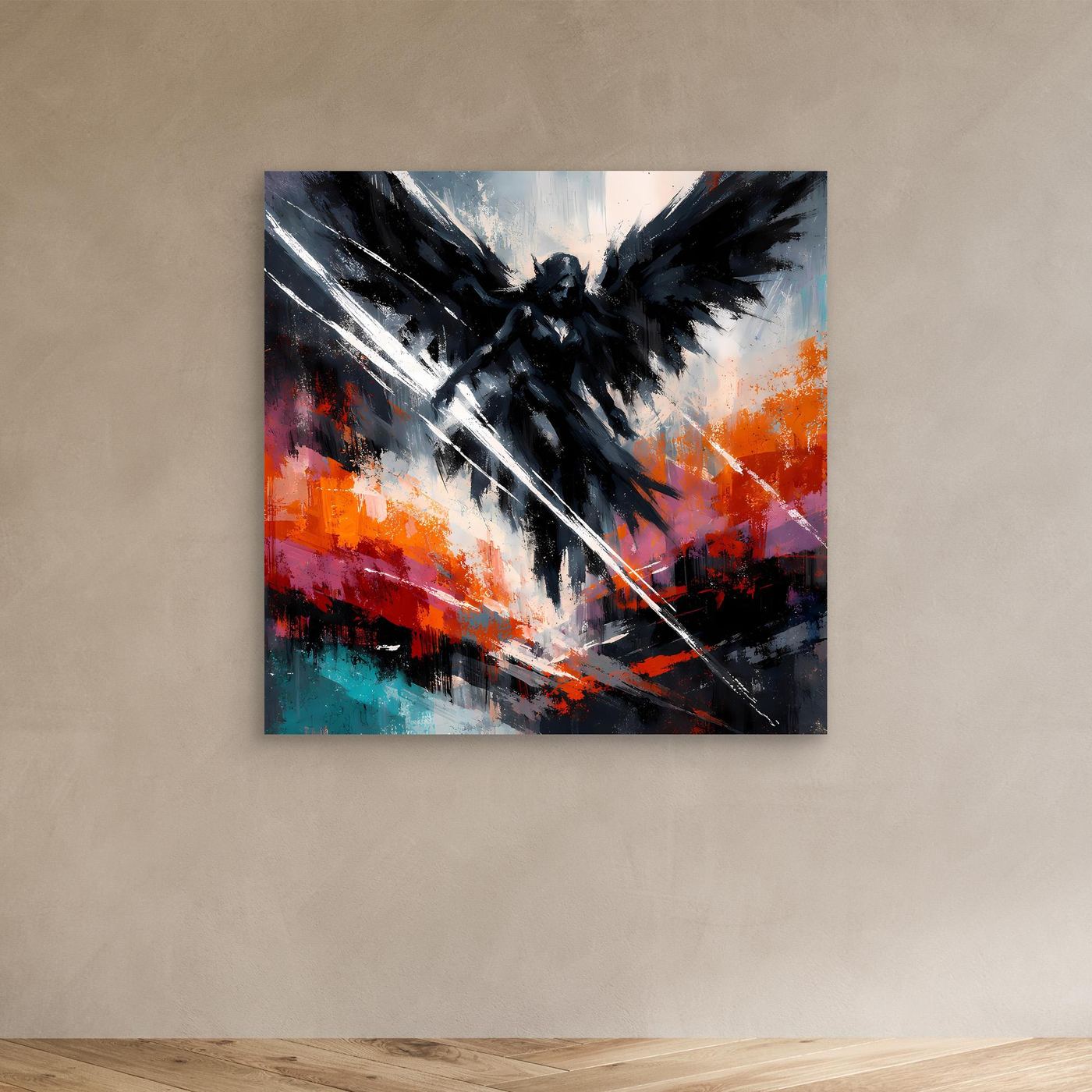 Fantasy-Wandbild ohne Rahmen: dunkler Engel mit Flügeln, diagonalem Licht und Farbflecken