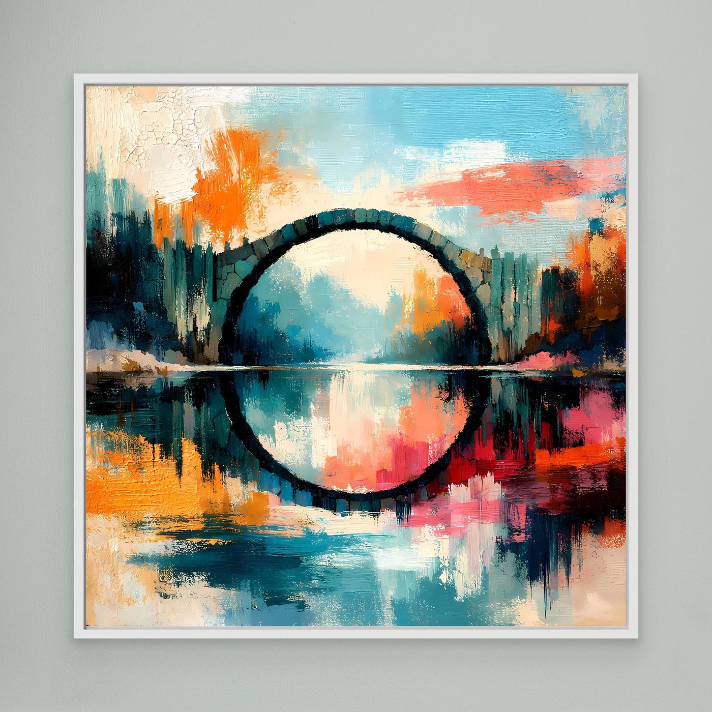 Premium Leinwand Mystische Kreisbrücke im Wasser | Abstraktes Natur Wandbild farbenfroh