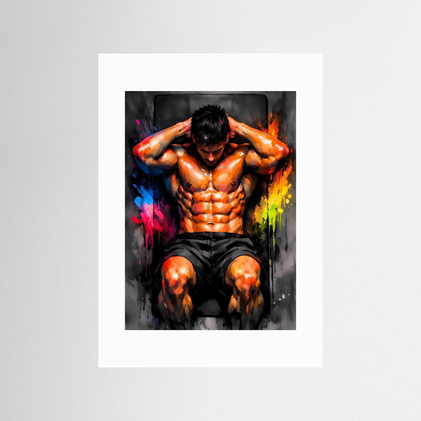 Die Kraft der Mitte | Sit-Ups Fitness Poster in dynamischen Neonfarben | Abstraktes Kunstposter Hochformat