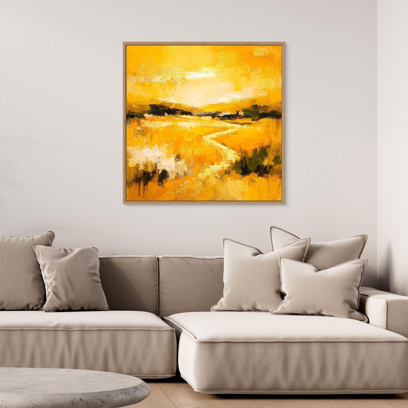 Leinwand Abstraktes Landschaftsgemälde in Gelb und Gold | Modernes Natur Wandbild mit Fluss