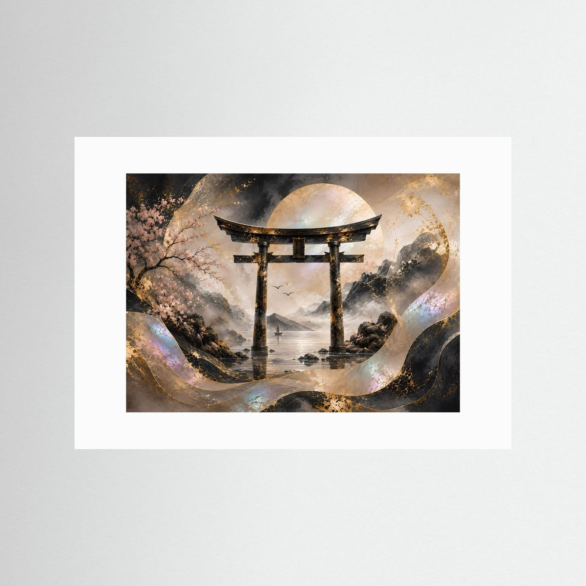 Poster mit japanischem Torii und Mond über Wasser, mit weißem Passepartout, Querformat.
