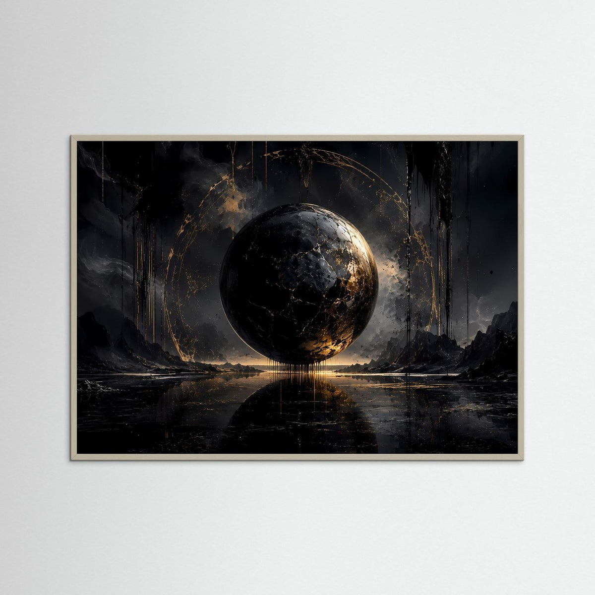 Modernes Wandbild mit schwarzer Gold-Sphäre und dunkler Landschaft, Querformat, grauer Rahmen