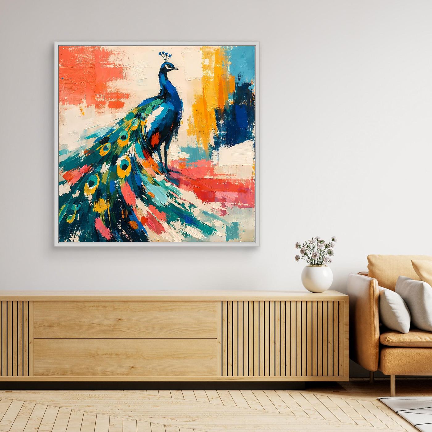 Framed abstract peacock canvas wall art with blue bird and colorful brushstroke background.