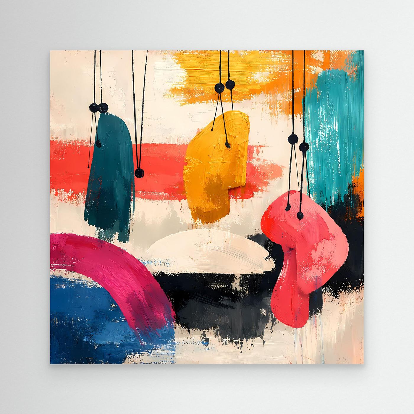 Abstract canvas wall art with hanging organic shapes in teal, yellow, pink and blue