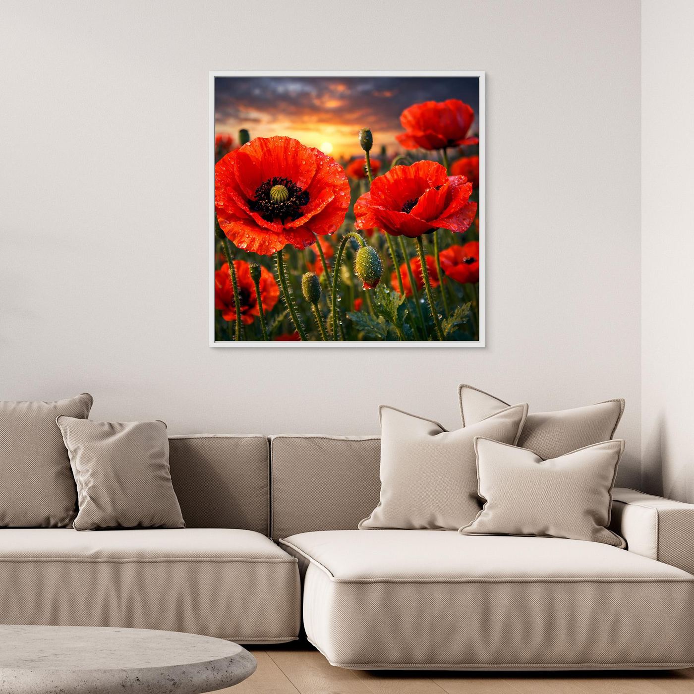 Gerahmtes Leinwand-Wandbild mit roten Mohnblüten vor Abendrot-Himmel