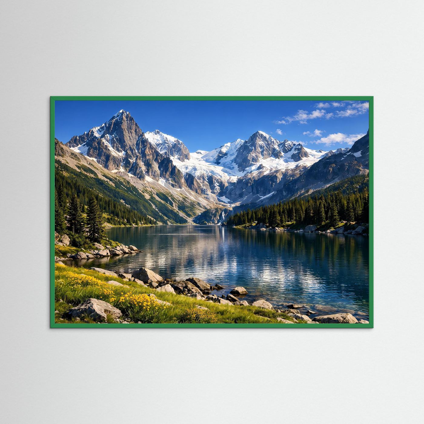 Panorama-Poster mit Alpengebirge und Spiegelsee, grüner Rahmen
