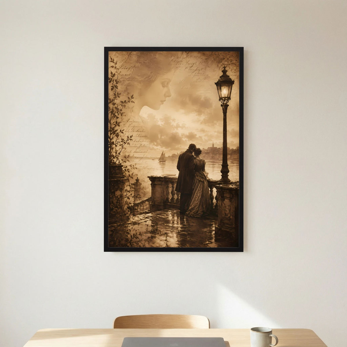 Hochformatiges Poster mit sepia Szene: Frau und Mann am Geländer, Laterne, im schwarzen Rahmen