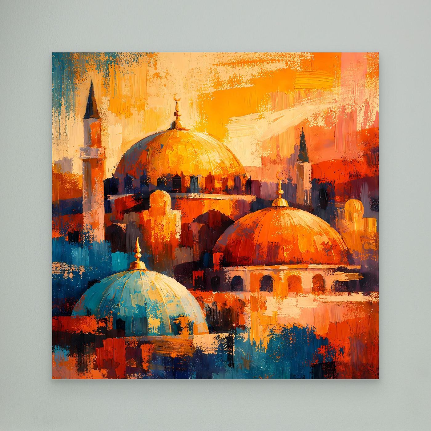 Abstraktes Leinwand-Wandbild mit Moschee, orange Kuppeln und blaue Kuppel, weiß gerahmt