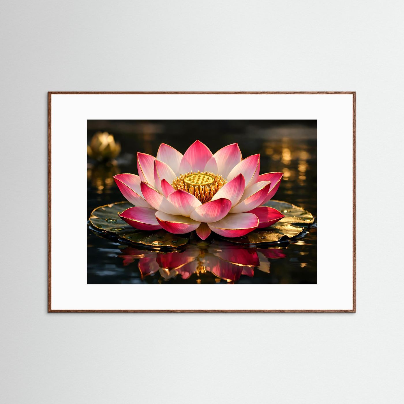 Lotus-Poster im braunen Rahmen: rosa Blume auf Wasseroberfläche mit klarer Spiegelung