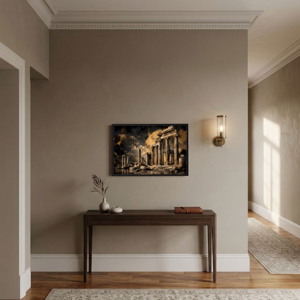 Querformat-Poster mit antiken Tempelruinen in Gold, abstrakte Architektur, gerahmt