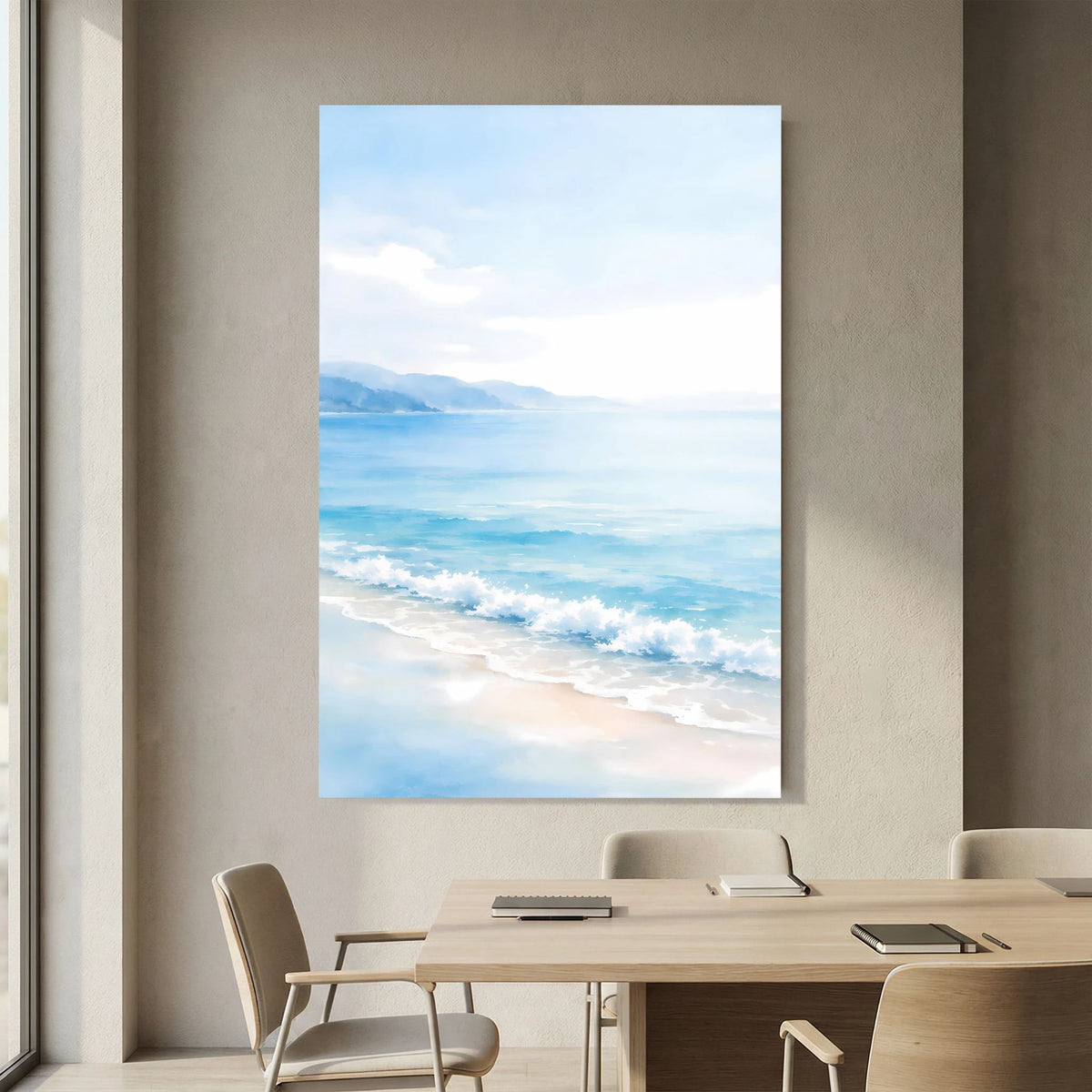 Hochformat-Wandbild: Blick über das Meer bis in die Ferne, Strandlinie und Wolken