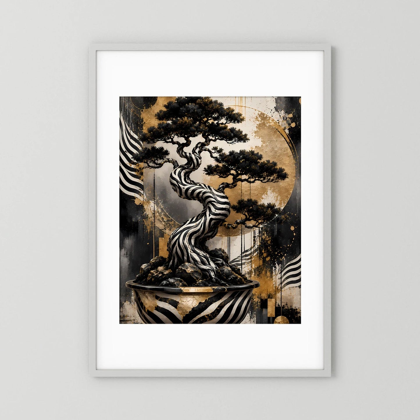Zebra Bonsai | Abstrakter Baum in Schwarz Weiß Gold | Poster Hochformat